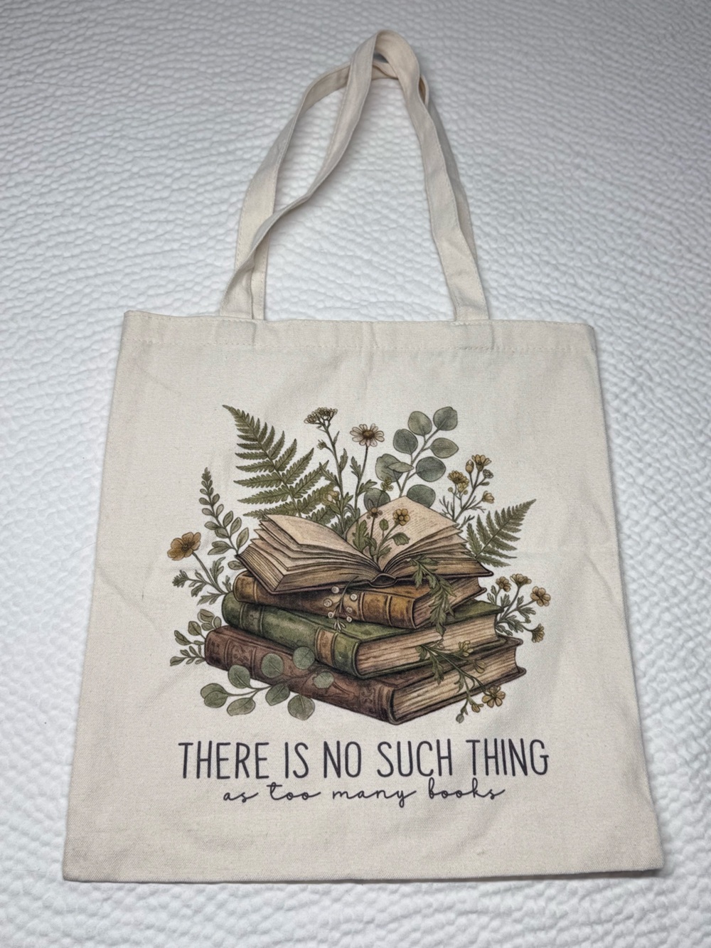 Book Lover Floral Canvas Tote Bag “Too Many Books” Cream